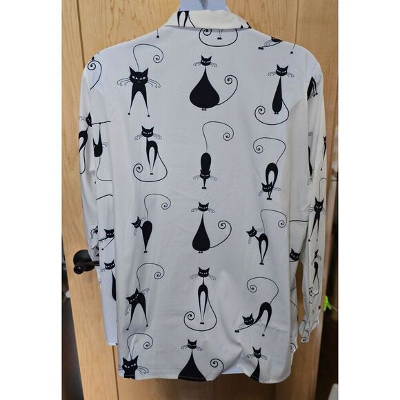 Black & White Cat Print Button-Up Shirt 4XL Long Sleeve Women 95% Polyester Fun - Picture 4 of 10